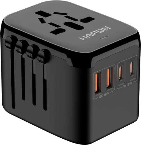 HAPOW Adaptador de Viaje Universal, Adaptador de Corriente Internacional PD20W, 2 USB-C y 2 USB-A Cargador de Viaje de Carga Rápida, Adaptador de