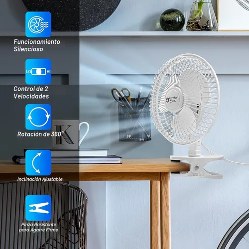 Miniatura 2 de Comfort Zone Ventilador portátil con clip para cochecito, de 15 cm con inclinación totalmente ajustable, silencioso de 2 velocidades para cama, mini