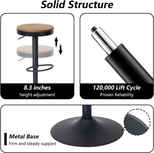Miniatura 5 de Kidol & Shellder Juego de 2 taburetes de bar negros ajustables giratorios sin espalda, modernos y redondos de madera, sillas de barra de altura sin