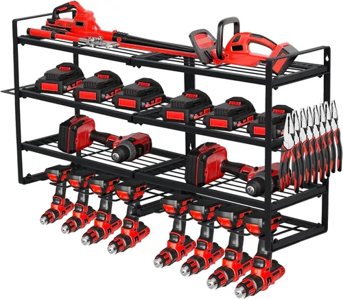 Miniatura 13 de GarveeTech Organizador de herramientas eléctricas, soporte de pared para taladro, estante de garaje resistente de 4 capas con cargas de metal de 400