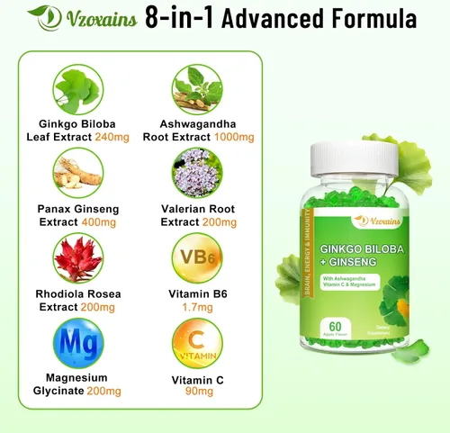 Miniatura 4 de Gomitas de ginkgo biloba de 240 mg con ginseng y magnesio, suplementos de ginko biloba gomitas para concentración cerebral, estado de ánimo