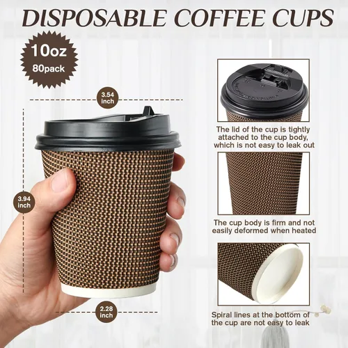 Miniatura 2 de LITOPAK Paquete de 80 tazas de café de papel de 10 onzas, tazas de café caliente con pared ondulada aislada con tapa y pajitas, tazas de tres capas