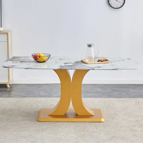 Miniatura 4 de A Modern Minimalist Dining Table. Imitation Marbled Glass Tabletop. Gold Table Legs for Kitchen and Living Room