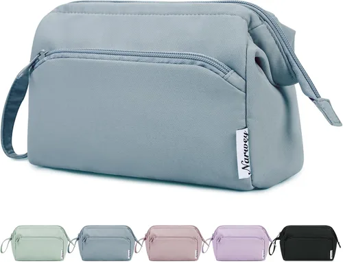 Narwey - Bolsa grande de maquillaje con cremallera de apertura completa, organizador de cosméticos de viaje para mujeres y niñas, Azul grisáceo.