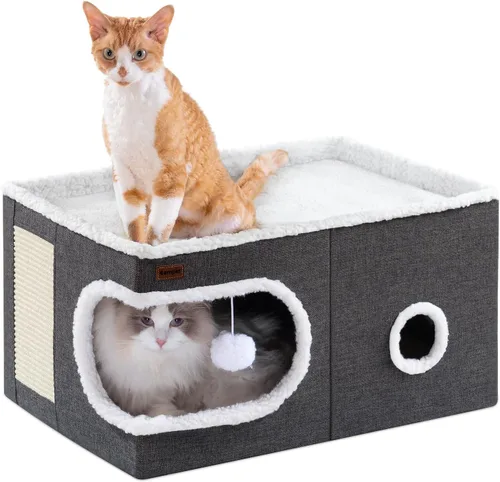 Miniatura 12 de Garnpet Cama para Gatos de Interior Casa Cubo, Camas de Cueva para Gatos Cubierta y Muebles con Almohadilla Rascadora y Tienda Refugio, Lindo Gris