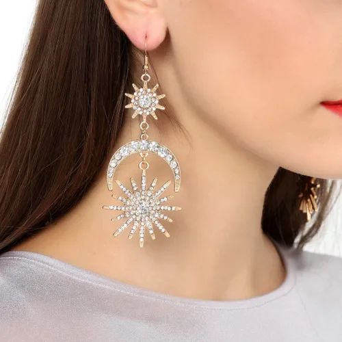 Miniatura 2 de Exaggerated - Aretes de gota con diseño de luna de sol y estrellas con diamantes de imitación punk para mujer
