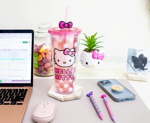Miniatura 8 de Silver Buffalo Sanrio Hello Kitty Bow Pink Polka Dots - Vaso frío de plástico con tapa y tapa con pajita, 24 onzas Lazo Hello Kitty y lunares rosados