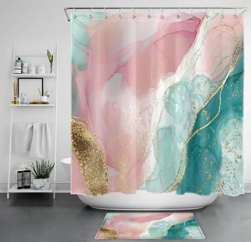 Miniatura 35 de HVEST Cortina de ducha geométrica rosa con ganchos, cortina de ducha moderna geométrica abstracta gris y blanco para baño, 72 x 72 pulgadas, juego
