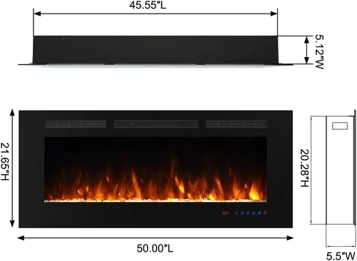 Miniatura 6 de Inserto de chimenea eléctrica empotrable de 50 pulgadas, 5 ajustes de llama, juego de troncos u opciones de cristal, control de temperatura por