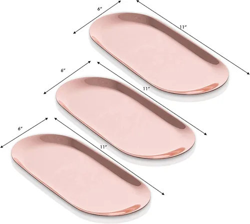 Miniatura 5 de Lujosas bandejas de oro rosa, tamaño grande de 11 pulgadas (juego de 3), ideales para maquillaje, toallas, perfumes, almacenamiento de velas, acero