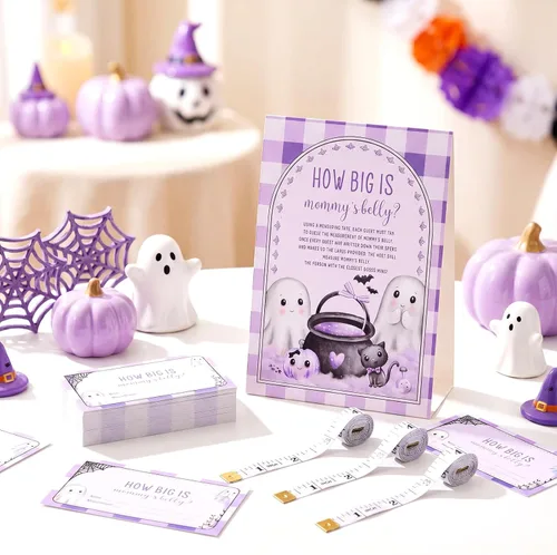 Miniatura 2 de Sinload Juego de 54 piezas con texto en inglés "A Baby Is Brewing Halloween" para baby shower, incluye cartel de pie con el vientre de mamá con 50