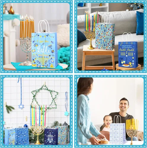 Miniatura 7 de Outus 24 Piezas Bolsas de Favor de Fiesta de Hanukkah Bolsas de Papel de Regalo y Golosinas de Chanukah con Asas Estrella Azul de David Dreidel