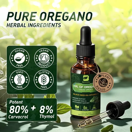 Miniatura 5 de Gotas de aceite de orégano, aceite de orégano con aceite de semilla negra, vitamina E, suplemento de orégano Carvacrol 80% mezcla de hierbas