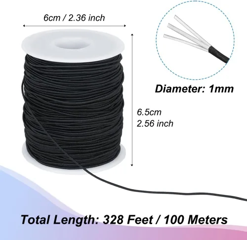 Miniatura 3 de Cuerda elástica negra, cuerda elástica de 328 pies de 0.039 pulgadas para hacer pulseras, collares, joyería, cuentas y manualidades (sin cuentas)