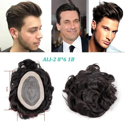 Miniatura 9 de Tupé de cabello humano para hombres con base de encaje francés y cabello ondulado natural virgen negro para hombre, peluca de pelo tipo tupé