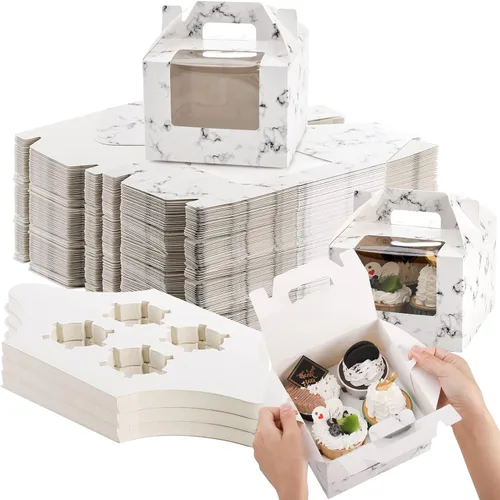 ZEAYEA Paquete de 40 cajas para cupcakes con ventana y asa, 4 cavidades de papel para cupcakes, contenedores portátiles de pastelería, portadores de
