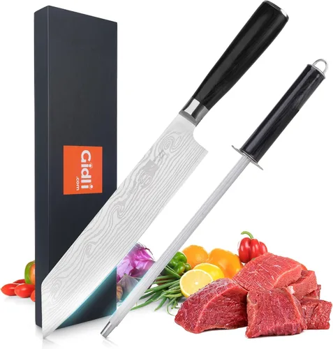 Gidli Cuchillo de chef de 8 pulgadas con afilador de diamante, cuchillo de cocina afilado de acero inoxidable alemán para corte de precisión, mango