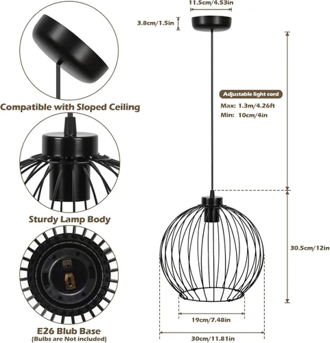Miniatura 5 de GLOBOTECH Lámpara de araña industrial moderna de bola negra, lámpara colgante de jaula de metal, base E26 (sin bombilla), requiere montaje