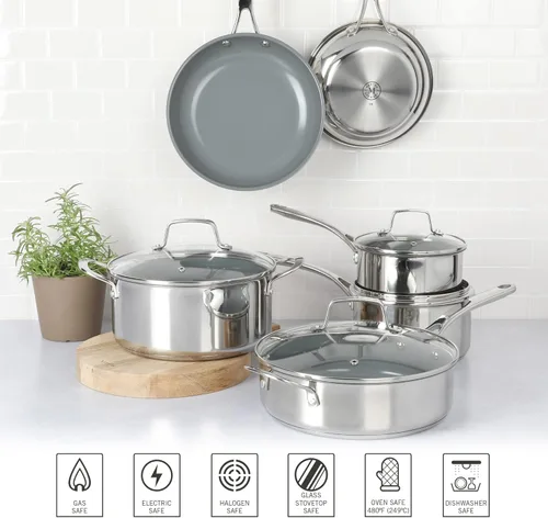 Miniatura 6 de Martha Stewart Delaroux - Juego de 10 ollas y sartenes de acero inoxidable con interior de cerámica antiadherente de alta calidad sin PFAs