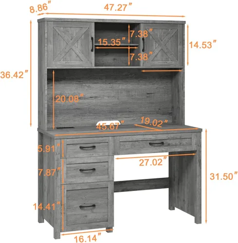 Miniatura 2 de Escritorio ejecutivo Farmhouse de 67" de altura con estante superior, escritorio de oficina con 4 cajones y luz LED, mesa de computadora con Gris