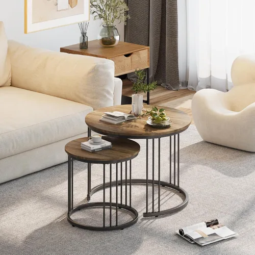 Miniatura 3 de Garden 4 you - Mesa de centro anidada, juego de 2 mesas redondas de 23.6" de centro de madera con marco metálico, mesas de centro para sala de Marrón