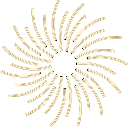 CREATCABIN 1 caja de 30 cuentas de tubo curvadas de oro de latón elegante cuentas de fideos chapados en oro real de 24 quilates, conectores