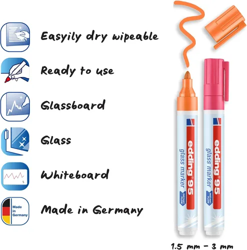 Miniatura 2 de edding Rotulador de cristal 95 – multicolor – 6 bolígrafos de cristal – Punta redonda de 0.059 – 0.118 in – Rotulador lavable – para escribir