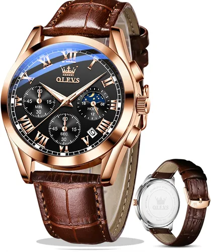 OLEVS - Reloj de pulsera de cuero para hombre, analógico de cuarzo, cronógrafo de lujo con fecha, impermeable, luminoso - Estilo de vestir