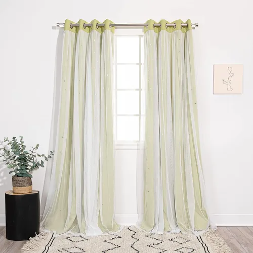 Miniatura 33 de Best Home Fashion Par de cortinas opacas con revestimiento de tul y corte láser, paneles de ventana con ojales plateados para dormitorio, habitación