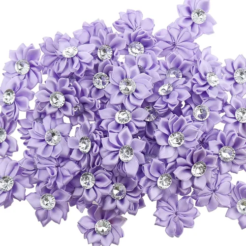 Miniatura 8 de 60 lazos de flores de cinta de satén, pequeñas flores de tela con margaritas con diamantes de imitación, lazos de cinta de satén para boda (azul)