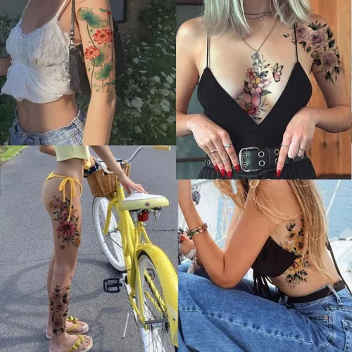 Miniatura 4 de CHARLENT Tatuajes temporales de flores de acuarela para mujeres y niñas, 10 hojas grandes, tatuajes falsos florales sexys para mujeres, arte