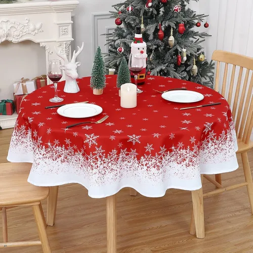 CAROMIO Mantel redondo de Navidad de 60 pulgadas, mantel de Navidad con copos de nieve rojos, mantel decorativo de interior para exteriores,