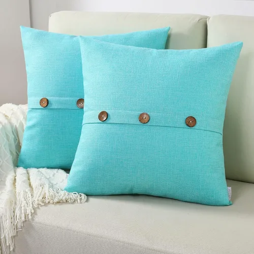 FUTEI Fundas de almohada decorativas de lino turquesa de 18x18 pulgadas, juego de 2, funda de cojín cuadrada con botón/cremallera vintage,