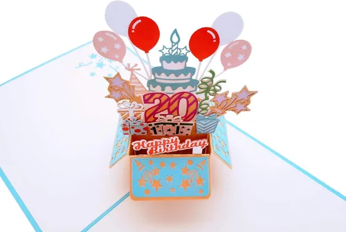 Miniatura 3 de iGifts And Cards Tarjeta desplegable 3D de 20 cumpleaños – Caja de fiesta azul de moda sorpresa con globos, regalos y vibraciones de celebración