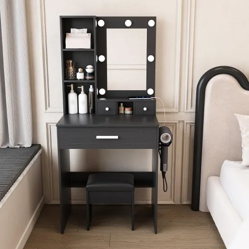 Mesa de tocador con espejo y luces LED ajustables, toma de corriente, soporte para secador de pelo y taburete, para dormitorio pequeño (negro + MDF