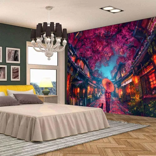 Miniatura 3 de Aidatain Tapiz de anime japonés antiguo japonés de paisaje de calle nocturna, tapiz de farol de flor de cerezo, tapiz grande de 80 x 60 pulgadas