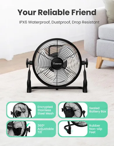 Miniatura 6 de Ventilador de suelo portátil de 10 pulgadas, funciona con pilas, ventilador recargable inalámbrico, ventilador inalámbrico de alta velocidad, carga