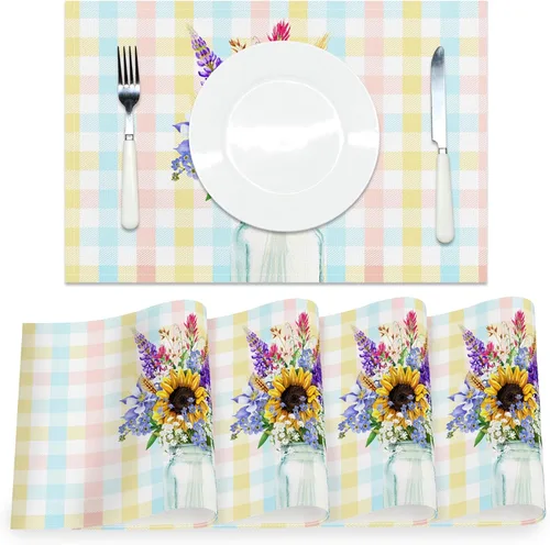 Miniatura 20 de AOFOTO Juego de 4 manteles individuales con estampado de flores silvestres coloridas, manteles individuales artísticos rectangulares modernos