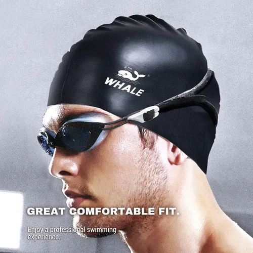 Miniatura 4 de WHALE Gorro de natación extra grande para mujeres y hombres, gorro de natación de silicona duradera con protección para los oídos, gorros de baño