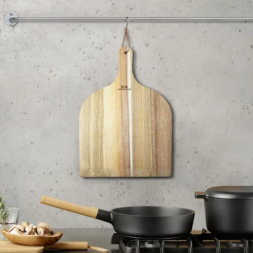 Miniatura 9 de G.a HOMEFAVOR Pala de pizza de madera de acacia, paleta de pizza de 12 x 14 pulgadas con mango de madera, espátula de pizza para hornear