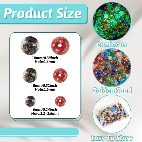 Miniatura 2 de Craftdady 96 cuentas de cristal redondas con arena dorada, 24 estilos hechos a mano que brillan en la oscuridad, cuentas espaciadoras sueltas