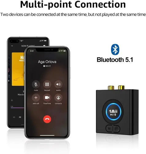 Miniatura 7 de 1Mii Receptor Bluetooth para estéreo doméstico, adaptador inalámbrico AUX y RCA, emparejamiento de dispositivos duales, tiempo de reproducción de 12