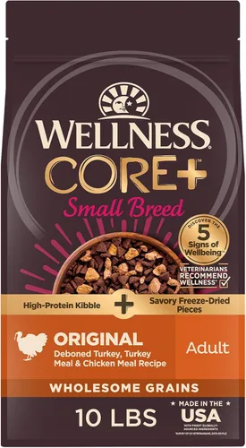 Wellness CORE+ Alimento seco para perros adultos de raza pequeña con trozos liofilizados, croqueta de grano saludable, natural, alta en proteínas,