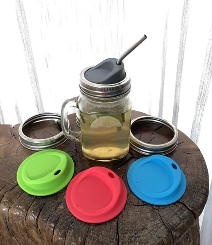 Miniatura 5 de Kit de tapa reutilizable de silicona de grado alimenticio y sin BPA para beber jugo de café con anillos de acero inoxidable para mason, bolas