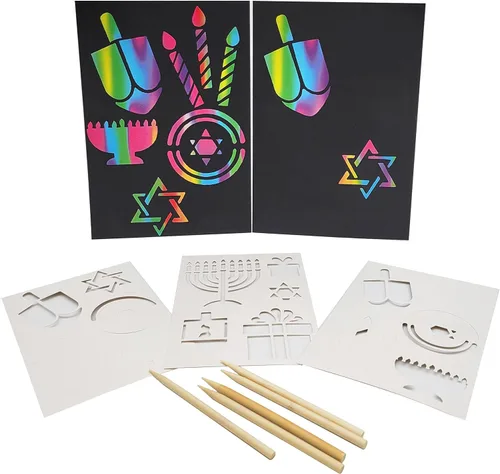 The Dreidel Company Paquete de 12 plantillas de arte para rascar Hanukkah, arte de rascar arcoíris para niños con plantillas, marcadores y formas