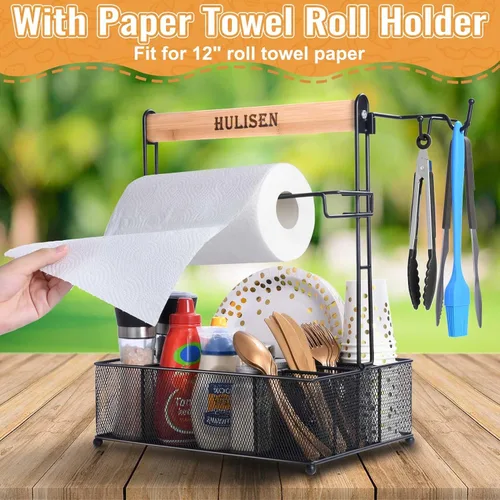 Miniatura 5 de HULISEN Organizador de parrilla para parrilla al aire libre, organizador de barbacoa con soporte para toallas de papel para platos, cubiertos