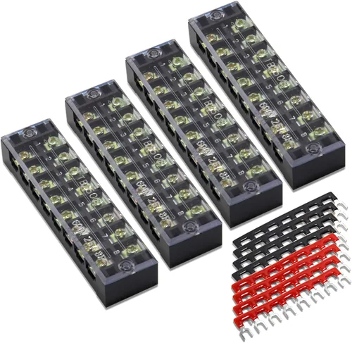 Miniatura 20 de 8 piezas (4 conjuntos) Bloques de tira de terminal de tornillo de doble hilera de 8 posiciones 600V 25A con cubierta + tira de barrera de terminales
