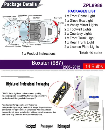 Miniatura 2 de ZIYO - Kit de luces LED para interior Porsche Boxster 987 2005-2012, paquete de repuesto de bombillas de cúpula de 6000 K, luces LED blancas