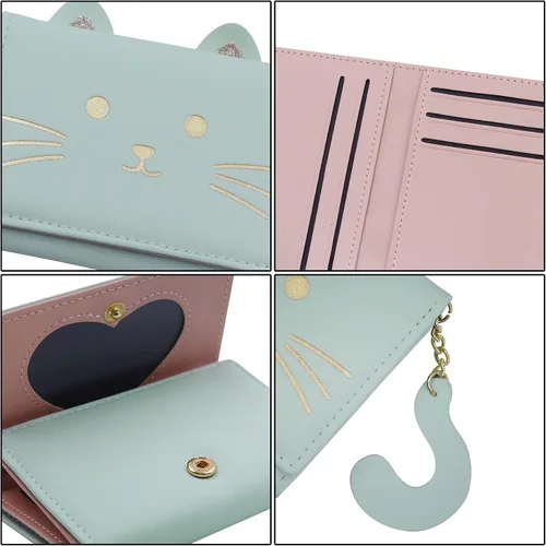 Miniatura 5 de Eilova Orityle Bonita cartera de gato para niñas y adolescentes, niños y mujeres, delgada de tres pliegues, tarjetero organizador con colgante