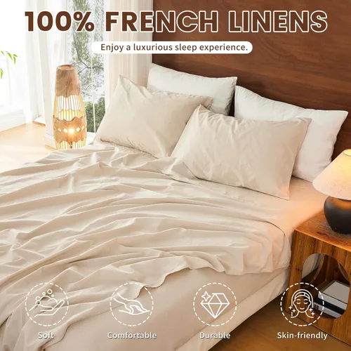 Miniatura 2 de Bedlifes Juego de sábanas de 100 % lino puro francés, transpirable y refrescante, suave, duraderas y absorben la humedad, bolsillo profundo de 16
